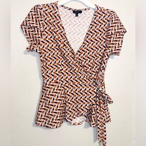 AUW Geometric Wrap Blouse in Brown & White with Rust Accents